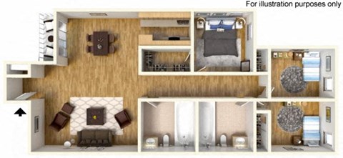 Floor plan for 3 beds, 2 baths, 1003 sqft